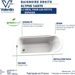 Valentin Baignoire Glyphe L.160 x l.70 cm sans tablier