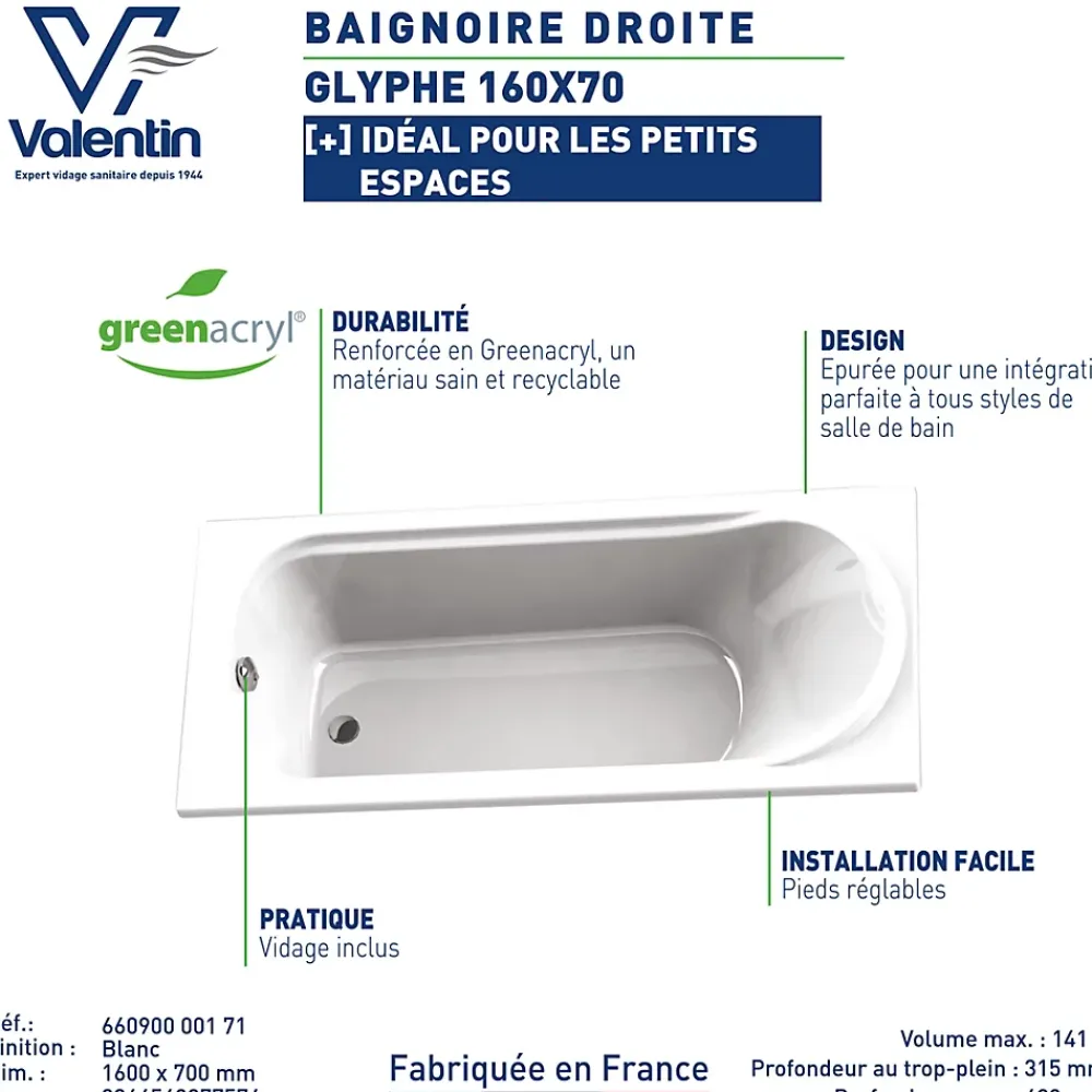Valentin Baignoire Glyphe L.160 x l.70 cm sans tablier