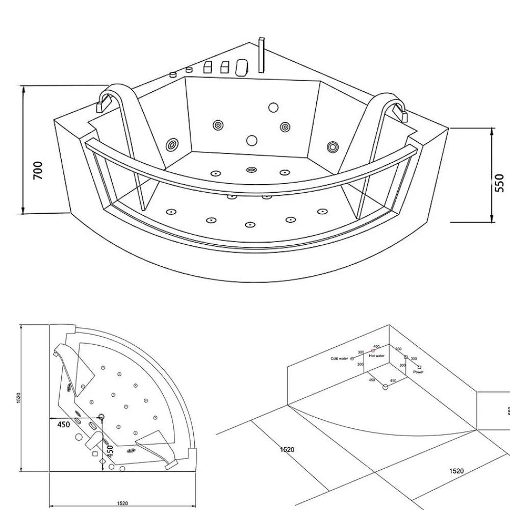 Baignoire Balnéo|Eliteshopping Baignoire hydromassage blanc pompe double 152 X 152 cm 19 jets Calliope