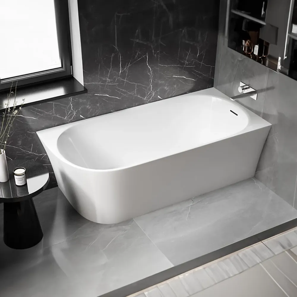 Baignoire D'Angle|Bernstein Baignoire îlot acrylique + siphon, vidage + trop plein, montage à droite 170x78x58cm, Garantie 5 ans, Blanc brillant, NOVA CORNER