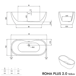 Bernstein Baignoire îlot Acrylique ovale 165x75x58cm Blanc mat + Bonde et trop plein - ROMA PLUS 2.0