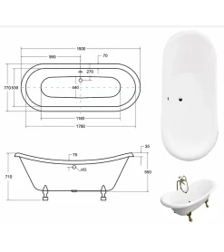 Azura Home Design Baignoire îlot AMELIA GLAM SILVER 190 x 77 cm