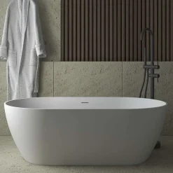 Baignoire Îlot|Poalgi Baignoire îlot blanche Solid Surface 157x80x52,5 cm inclus tablette - modèle SHIRO