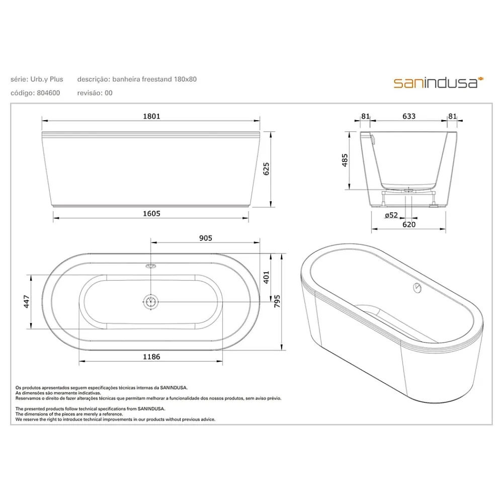Sanindusa Baignoire îlot blanche 180x80 ovale à poser au sol acrylique très haute densité Freestanding UrbY Plus (avec vidage)