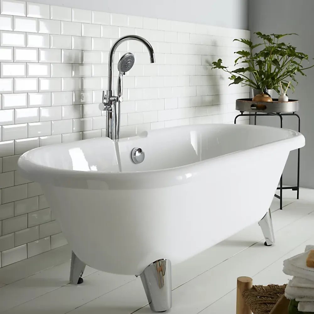 Planète Bain Baignoire îlot Charly blanche rétro + pieds conique chrome