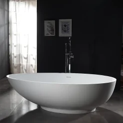 Baignoire Îlot|Bernstein Baignoire îlot Design en fonte minérale VIGO - blanc mat - Avec robinet mitigeur 1521, Sans siphon, 150x75cm