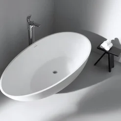 Baignoire Îlot|Bernstein Baignoire îlot Design en fonte minérale VIGO - blanc mat - Avec robinet mitigeur 1521, Sans siphon, 150x75cm