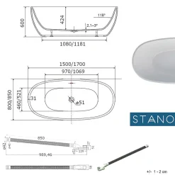Stano Baignoire îlot design ovale DENVER blanche 170 cm