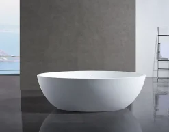 Baignoire Îlot|Bernstein Baignoire îlot en fonte minérale RELAX - 176x103cm - Avec siphon, Blanc mat, Avec robinet mitigeur 8028B