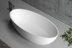 Bernstein Baignoire îlot en fonte minérale (fonte minérale) RIO STONE - 180x85cm - Avec siphon et robinet mitigeur 1523C, Blanc brillant