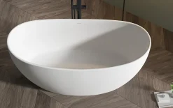 Bernstein Baignoire îlot en fonte minérale HAWAII STONE - 180x85cm - Avec robinet mitigeur 8028, Sans siphon, Blanc brillant