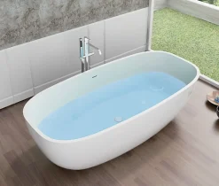 Bernstein Baignoire îlot en fonte minérale, OCEAN STONE - 180x87cm - Avec robinet mitigeur 8028, Avec siphon, Blanc mat