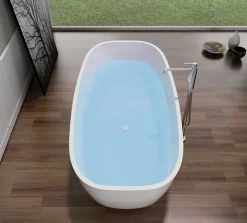 Bernstein Baignoire îlot en fonte minérale, OCEAN STONE - 180x87cm - Avec robinet mitigeur 8028, Avec siphon, Blanc mat