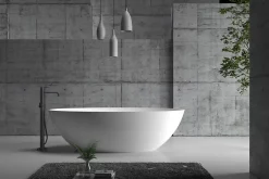 Baignoire Îlot|Bernstein Baignoire îlot en fonte minérale (fonte minérale) RIO STONE - 180x85cm - Avec siphon, Blanc mat, Avec robinet mitigeur 8028B