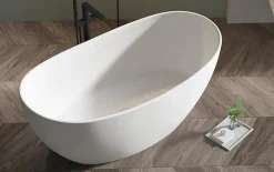 Bernstein Baignoire îlot en fonte minérale HAWAII STONE - 180x85cm - Avec robinet mitigeur 1521, Sans siphon, Blanc brillant