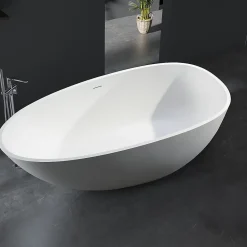 Baignoire Îlot|Bernstein Baignoire îlot en fonte minérale VELA STONE - blanc mat, 180x90cm - Avec robinet mitigeur 8028, Avec siphon