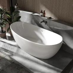 Baignoire Îlot|Bernstein Baignoire îlot Fonte minérale ovale 180x85x64cm + bonde et trop plein - Blanc brillant - HAWAII STONE