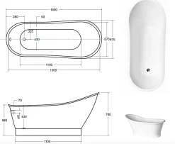 Azura Home Design Baignoire îlot GLORIA GLAM SILVER - 160 x 68 cm
