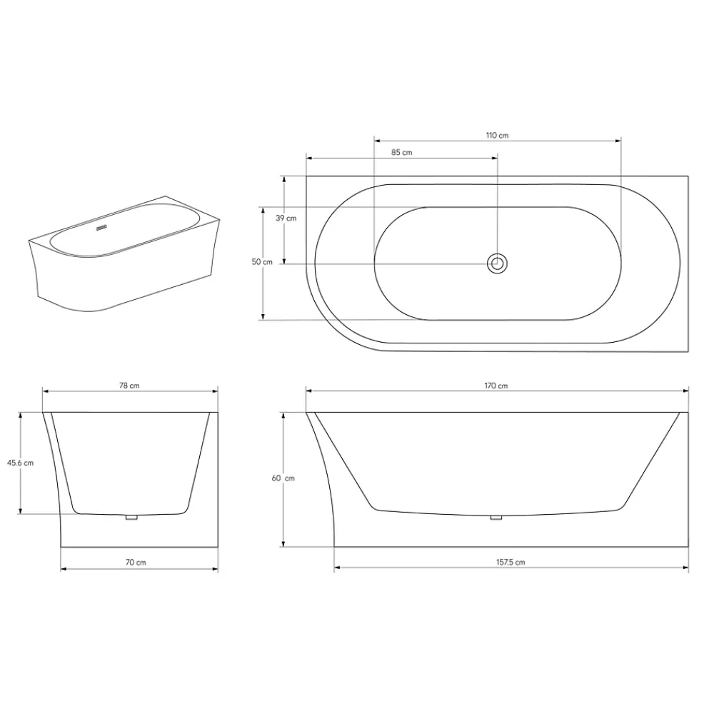 Bernstein Baignoire îlot NOVA CORNER acrylique blanc - montage droite -170x78cm - Garantie 5 ans - Avec robinet mitigeur 1521, Avec siphon