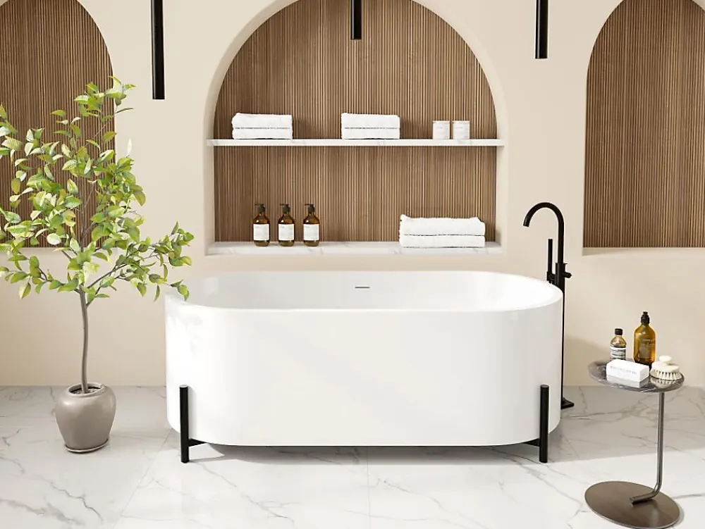 Baignoire Îlot|Vente-unique Baignoire îlot ovale blanche avec pieds noirs - 160 x 73,5 x 59 cm - ALONSA