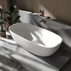 Bernstein Baignoire îlot ovale moderne 180x87x54cm Blanc mat fonte minérale, isolation thermique - OCEAN STONE - Sans Robinet ni siphon