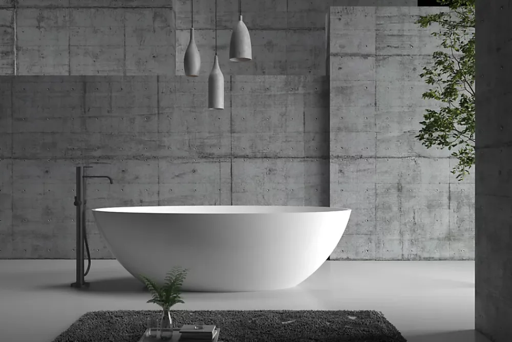 Baignoire Îlot|Bernstein Baignoire îlot ovale 180x85x52cm Blanc mat fonte minérale, isolation thermique - RIO STONE + robinet sur pied 8028, Sans siphon