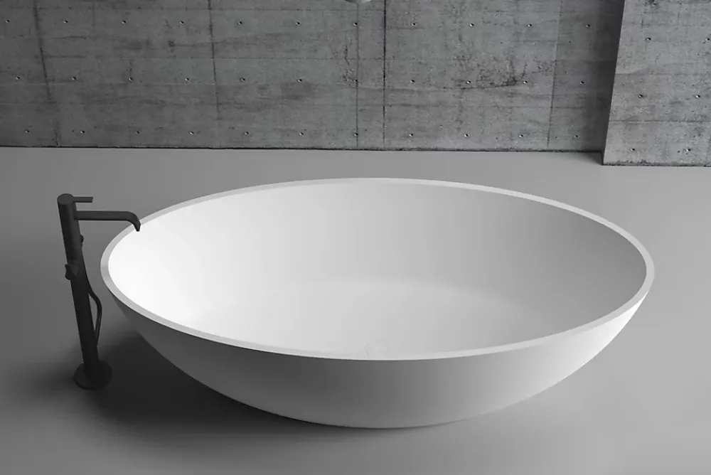 Baignoire Îlot|Bernstein Baignoire îlot ovale 180x85x52cm Blanc mat fonte minérale, isolation thermique - RIO STONE + robinet sur pied 8028, Sans siphon