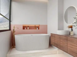 Baignoire Îlot|Vente-unique Baignoire îlot striée en acrylique - Blanc brillant - 220L - 150 x 75 x 58 cm - ALIENA