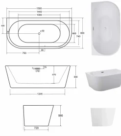Baignoire Îlot|Azura Home Design Baignoire îlot VICA GLAM GRAPHITE 80 cm - 150cm