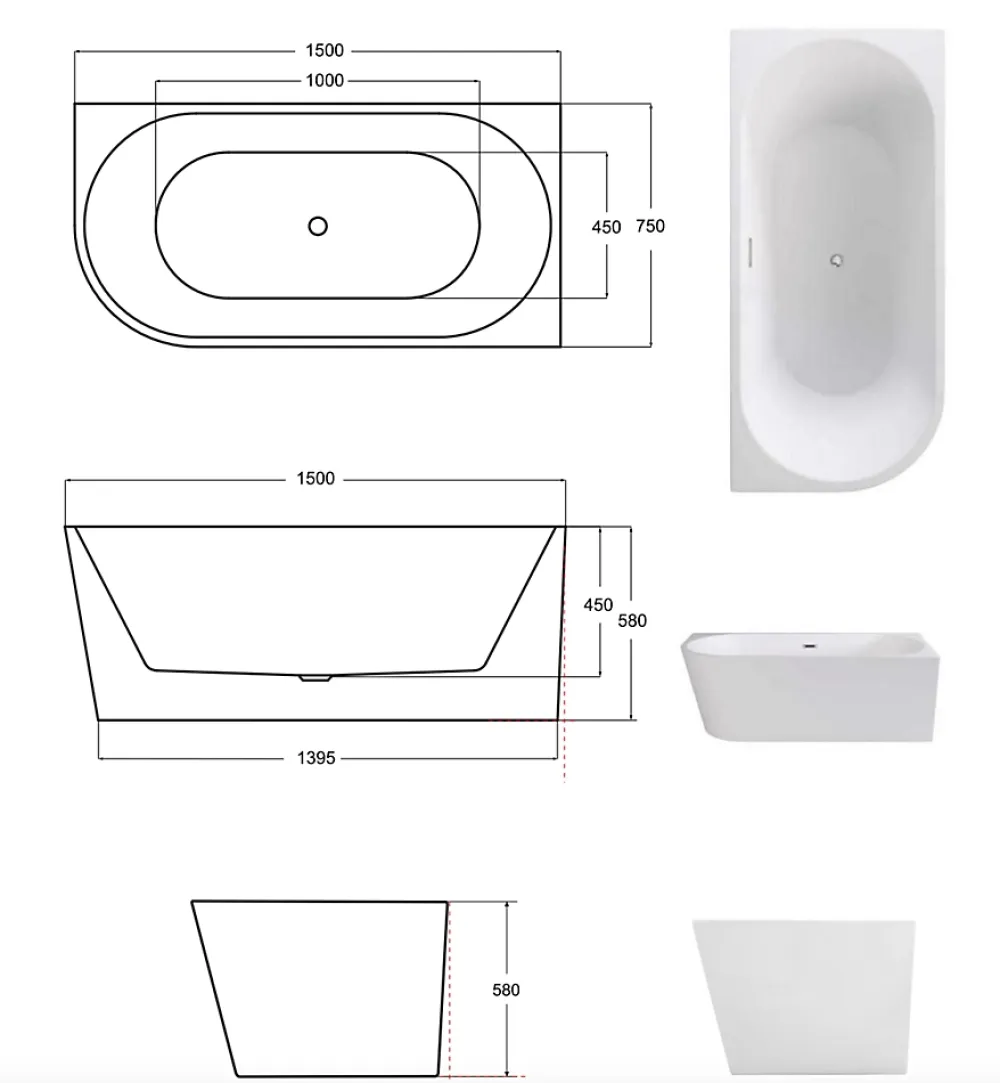 Azura Home Design Baignoire îlot ZOYA GLAM GRAPHITE angle droit - 150 x 75 cm