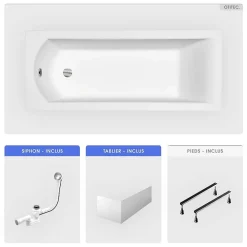 Baignoire Droite|Besco Baignoire rectangulaire - 170 x 70 cm - avec Tablier - Pieds - Vidage Chrome - SHEA