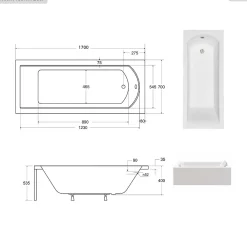 Baignoire Droite|Besco Baignoire rectangulaire - 170 x 70 cm - avec Tablier - Pieds - Vidage Chrome - SHEA