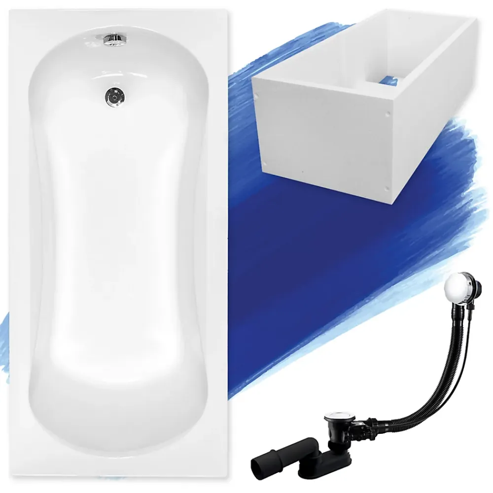 Badland Baignoire rectangulaire 140 x 70 ARIA acrylique blanc + Support stabilisateur en polystyrène + Pieds + Vidage à chromé