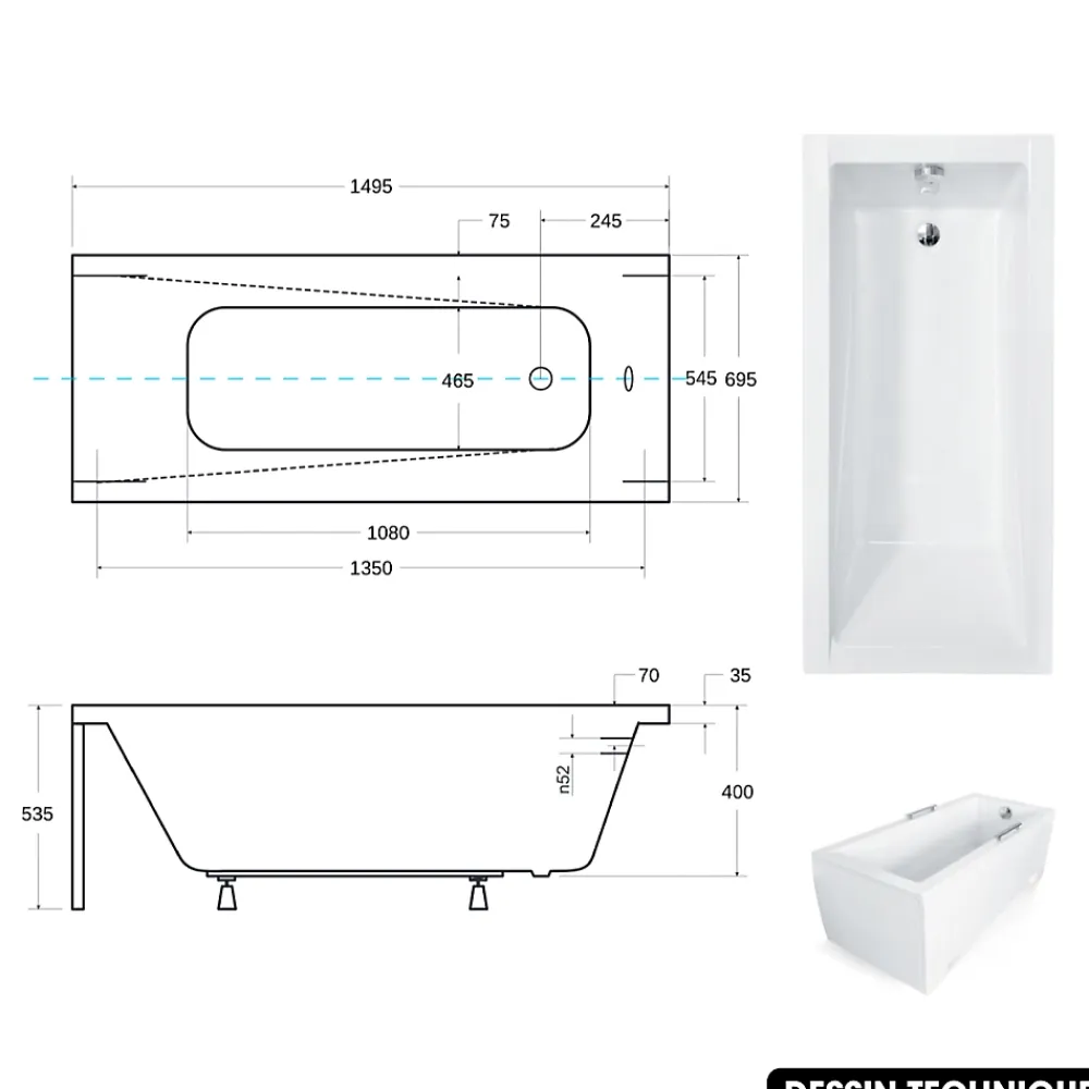 Baignoire Droite|Besco Baignoire rectangulaire - avec Tablier Noir Mat et Repose Tête OFFERT - MODERN - 150 x 70 cm