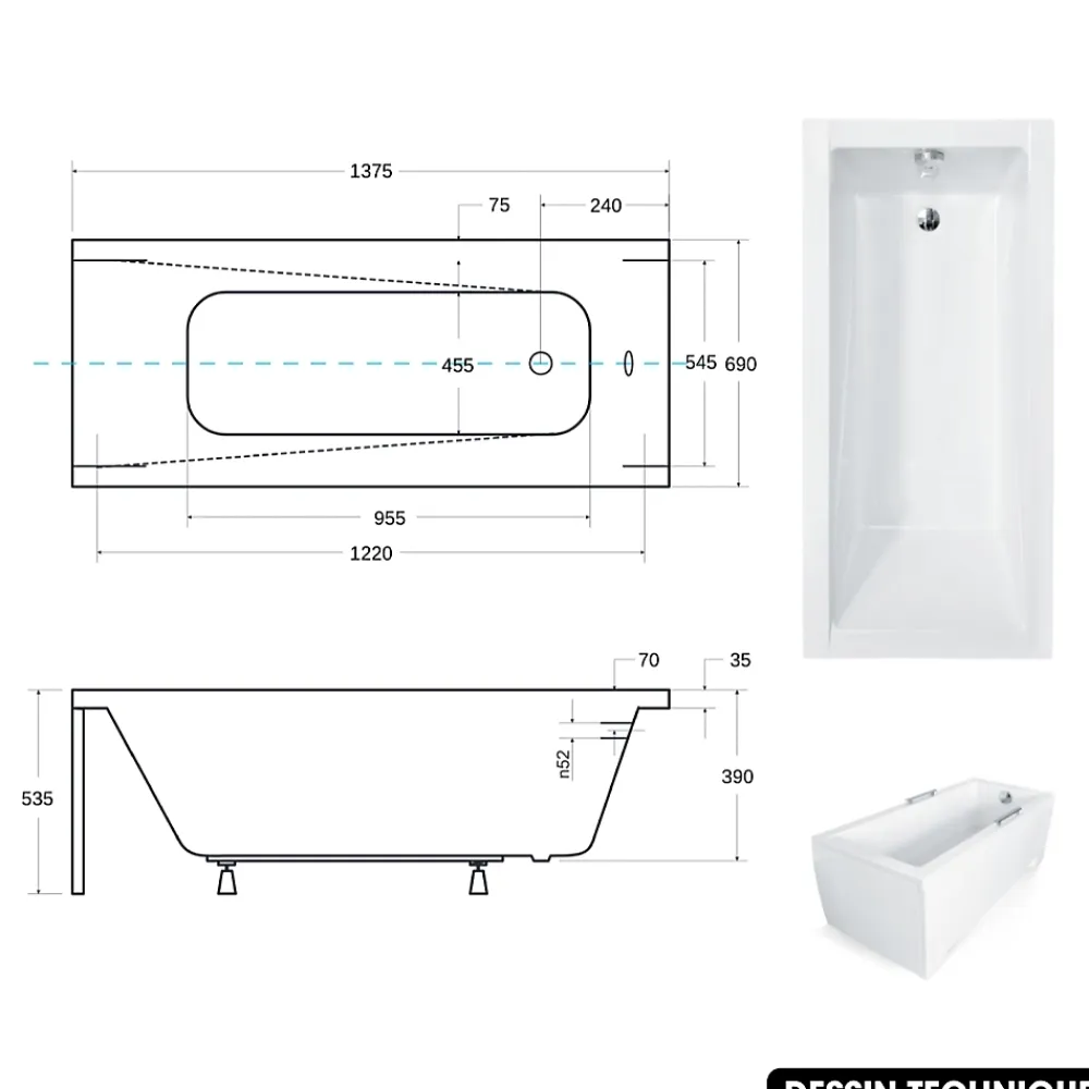 Baignoire Droite|Besco Baignoire rectangulaire - avec Tablier Blanc et Repose Tête OFFERT - MODERN - 140 x 70 cm
