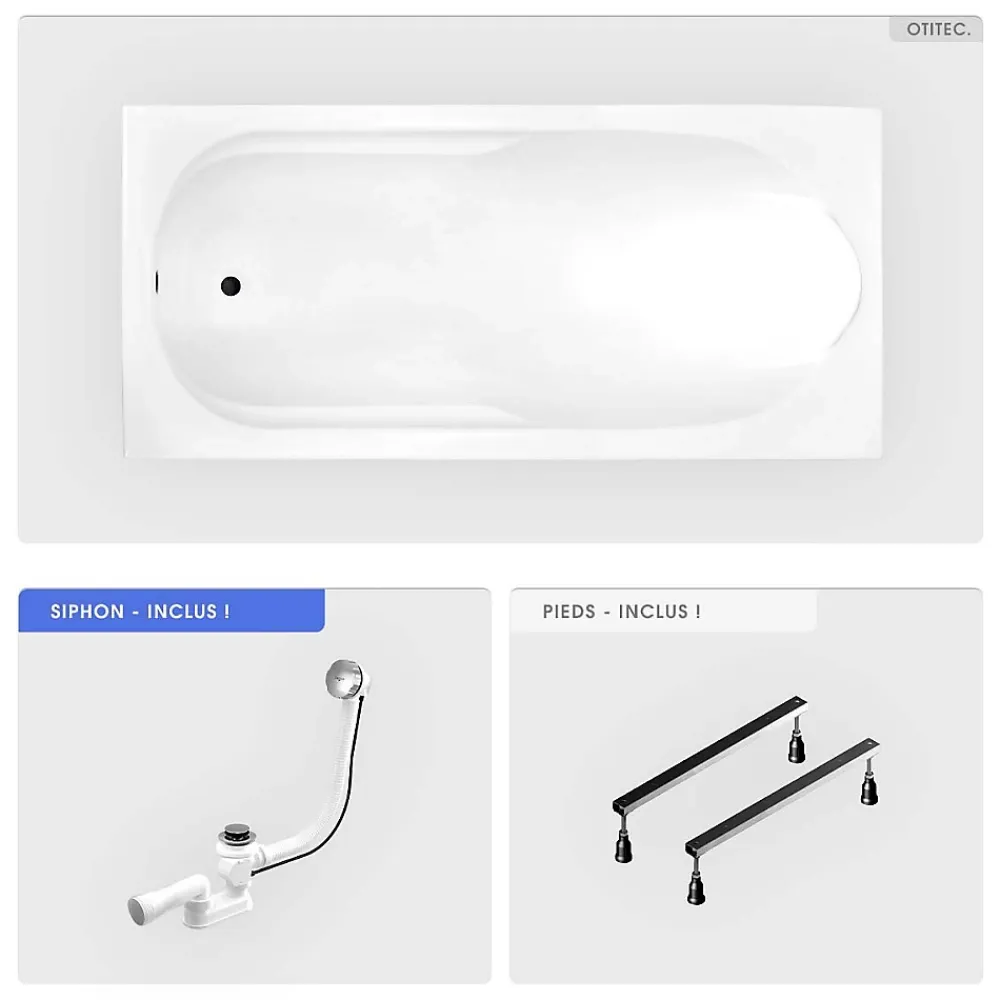 Besco Baignoire rectangulaire - 190 x 80 cm - sans Habillage - avec Pieds - Vidage Chrome - BONA
