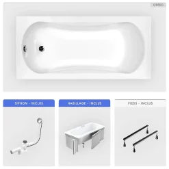 Besco Baignoire rectangulaire - 130 x 70 cm - avec Habillage - Pieds - Vidage Chrome - ARIA
