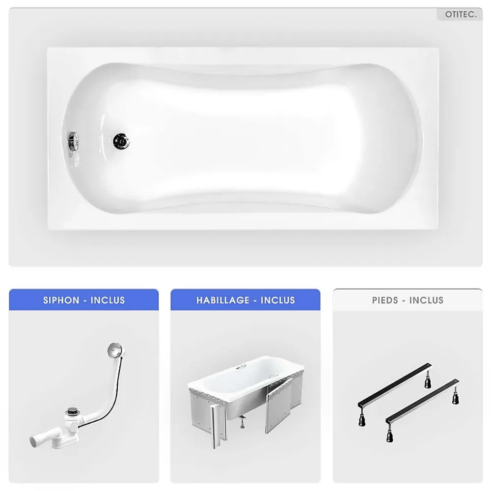 Besco Baignoire rectangulaire - 130 x 70 cm - avec Habillage - Pieds - Vidage Chrome - ARIA