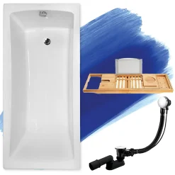 Baignoire D'Angle|Badland Baignoire rectangulaire 140 x 70 OPTIMA acrylique blanc, sans Habillage + Étagère bambou + Pieds + Vidage à chromé