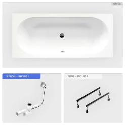 Baignoire Droite|Besco Baignoire rectangulaire - 160 x 75 cm - sans Habillage - avec Pieds - Vidage Chrome - VITAE