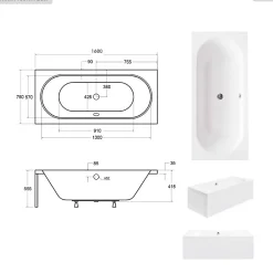 Baignoire Droite|Besco Baignoire rectangulaire - 160 x 75 cm - sans Habillage - avec Pieds - Vidage Chrome - VITAE