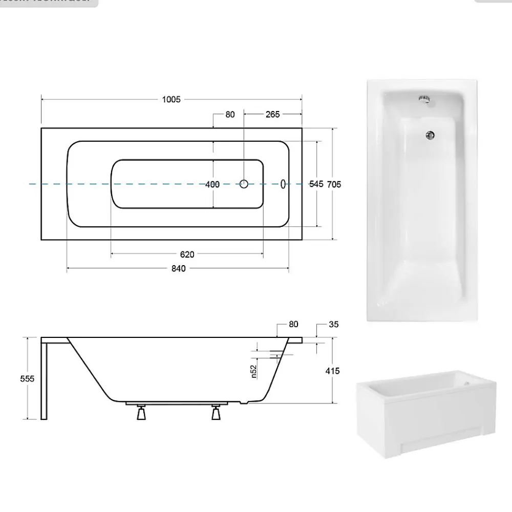 Besco Baignoire rectangulaire - 100 x 70 cm - avec Habillage - Pieds - Vidage Chrome - TALIA