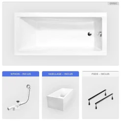 Baignoire Droite|Besco Baignoire rectangulaire - 170 x 70 cm - avec Habillage Polystyrène - Pieds - Vidage Chrome - MODERN SLIM