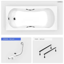 Besco Baignoire rectangulaire - 130 x 70 cm - sans Habillage - avec Pieds - Poignées - Vidage Chrome - ARIA PLUS