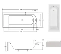 Baignoire Droite|Besco Baignoire rectangulaire + tablier blanc + repose tête - SHEA - 150 x 70 cm