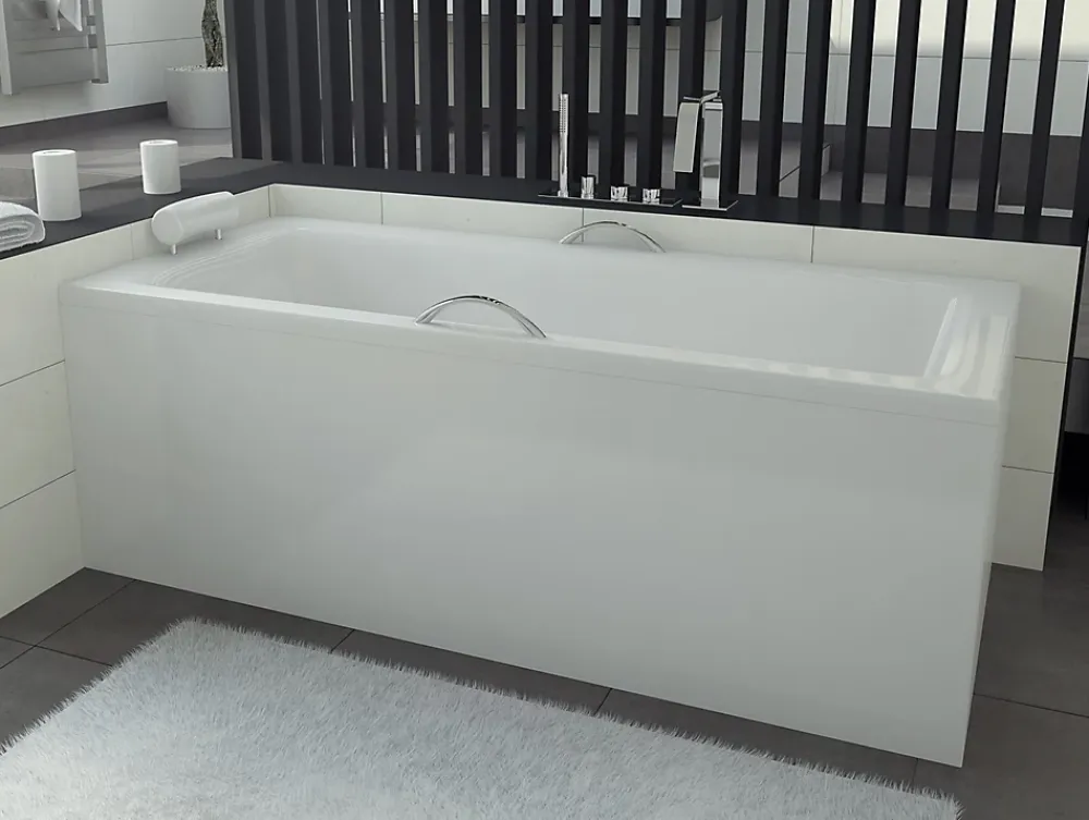 Baignoire D'Angle|Badland Baignoire rectangulaire 120 x 70 TALIA acrylique blanc + avec Tablier + Pieds + Vidage à chromé