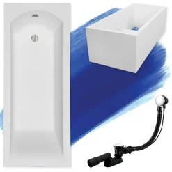 Baignoire D'Angle|Badland Baignoire rectangulaire 170 x 70 SHEA acrylique blanc + Support stabilisateur en polystyrène + Pieds + Vidage à chromé