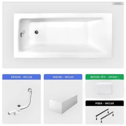 Baignoire Droite|Besco Baignoire rectangulaire - 160 x 75 cm - avec Tablier Blanc - Pieds - Poignées - Repose-tête - Vidage Chrome - TALIA PREMIUM