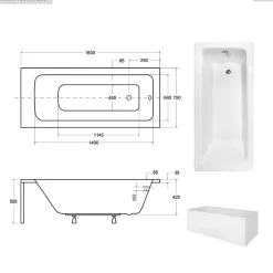 Baignoire Droite|Besco Baignoire rectangulaire - 160 x 75 cm - avec Tablier Blanc - Pieds - Poignées - Repose-tête - Vidage Chrome - TALIA PREMIUM