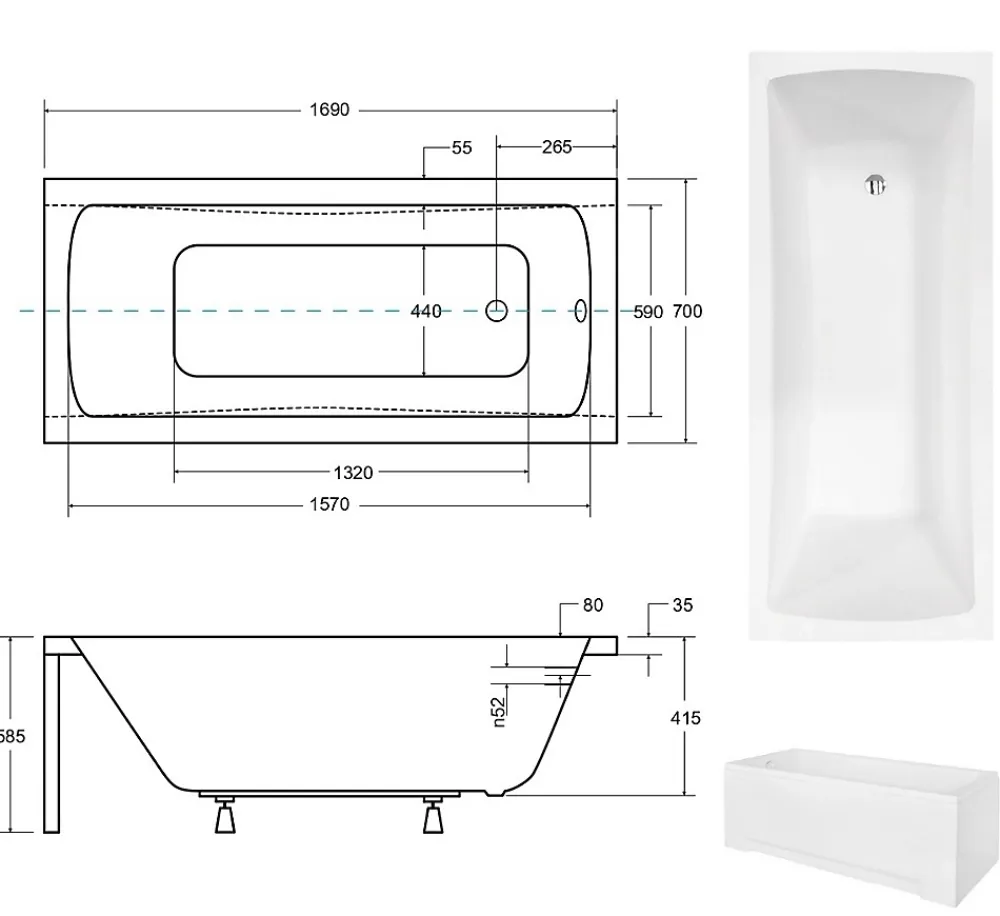 Besco Baignoire rectangulaire + tablier blanc + repose tête - OPTIMA - 170 x 70 cm